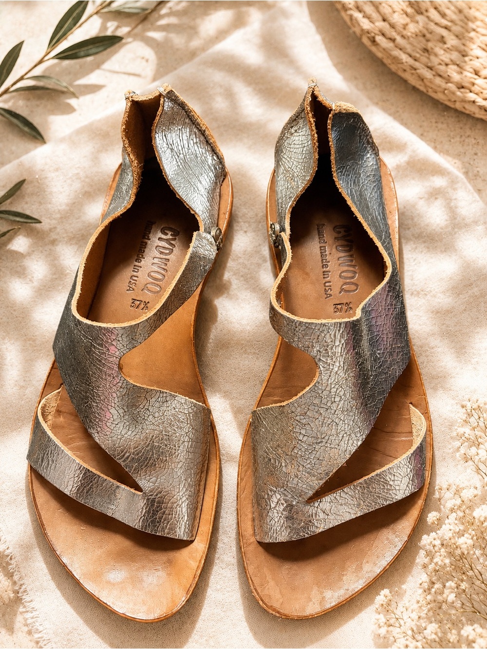 Cydwoq Women's Metallic Silver Leather Cutout Sandals